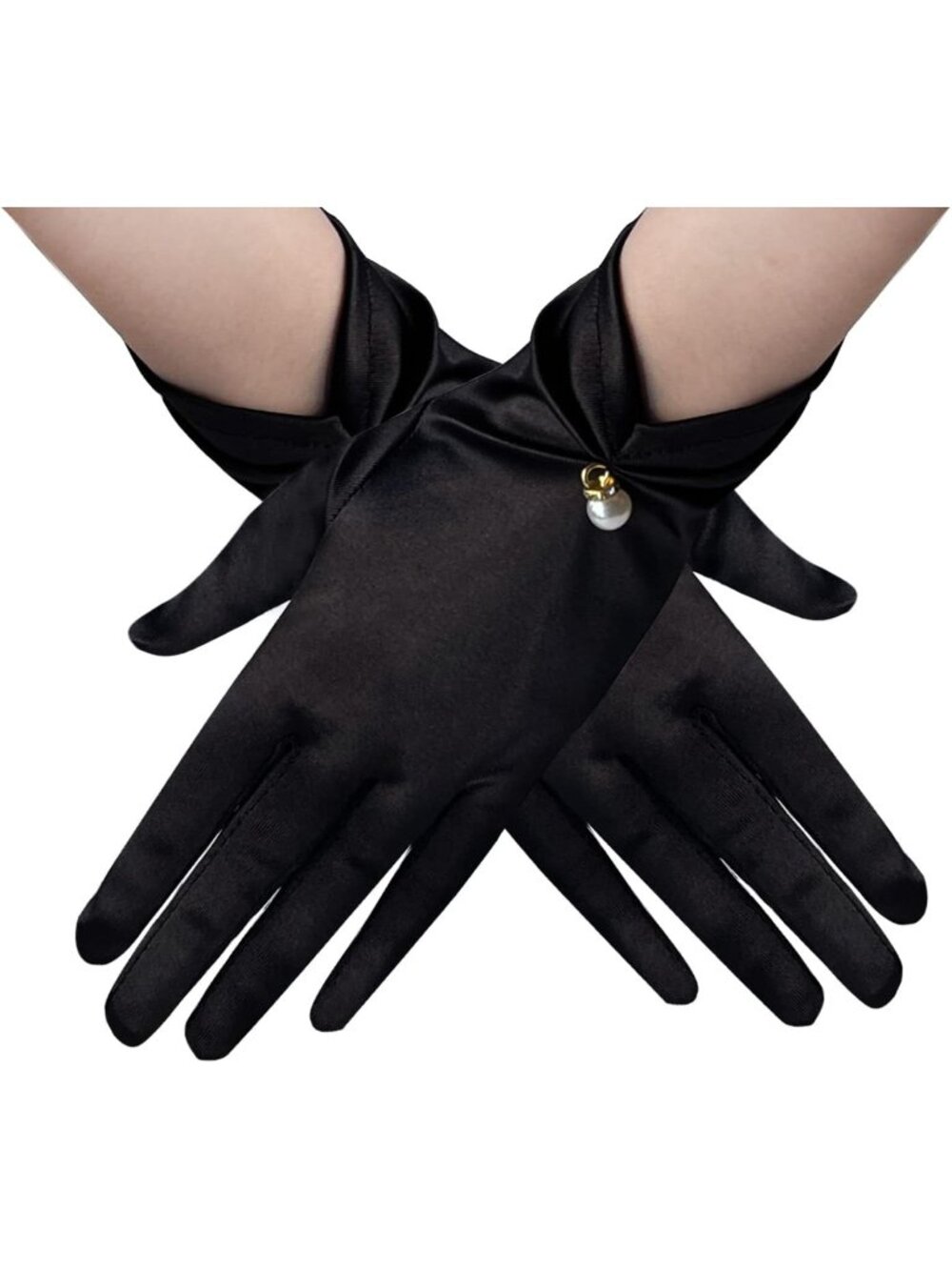 Women Black Elegant Pearl Short Opera Dinner Halloween Floral Lace Gloves